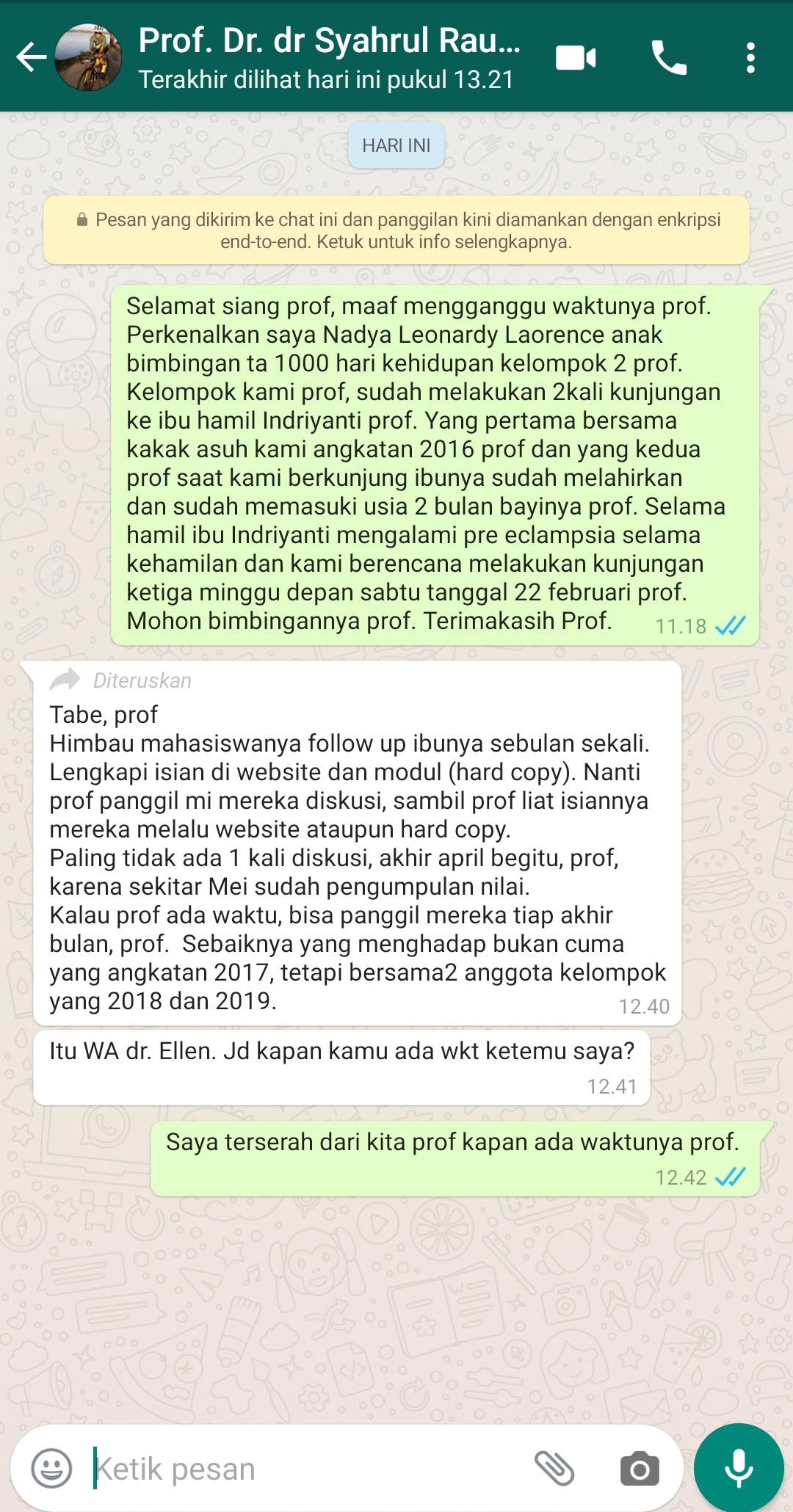 Konfirmasi pertama ke Dokter Pembimbing