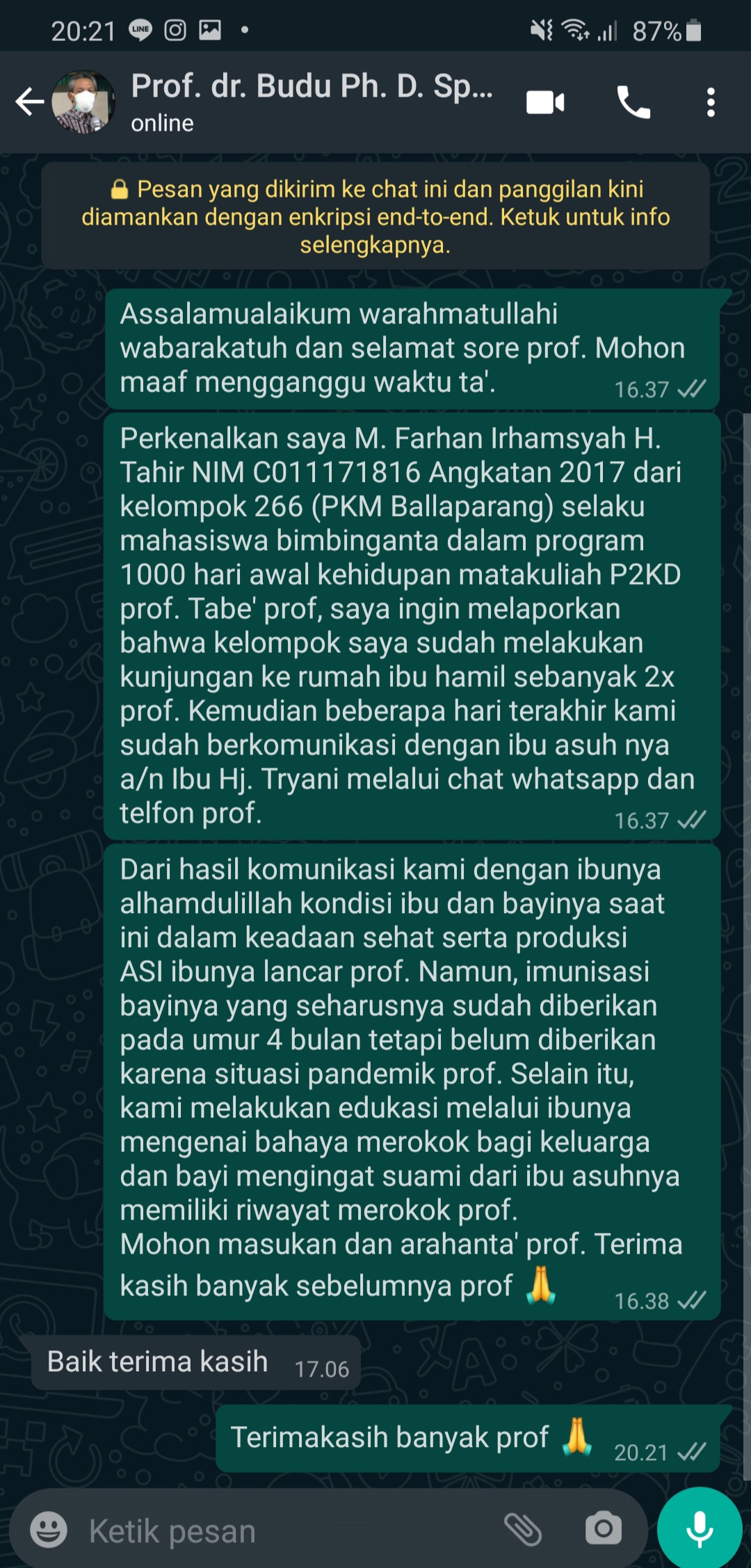Konsultasi dengan pembimbing mengenai keadaan Ibu
